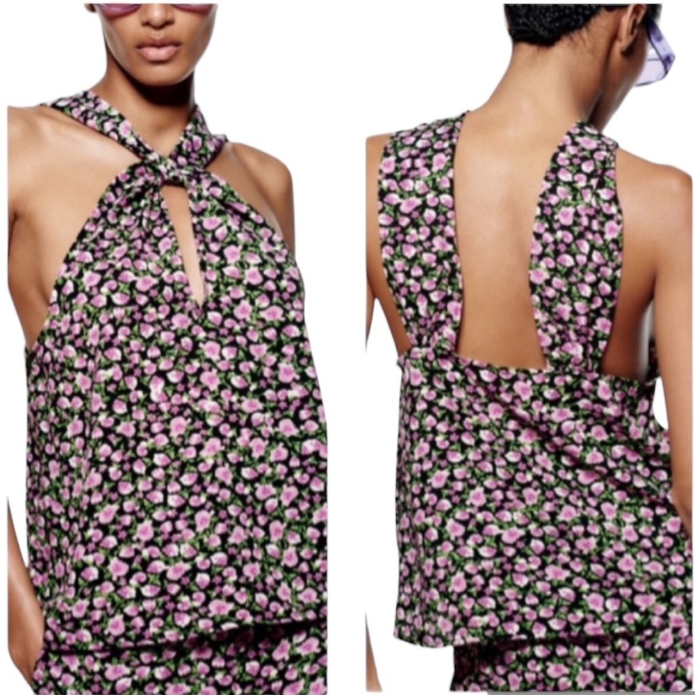 NWT Zara Black & Purple Floral Printed Cutout Halter Top - M
